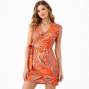 Urban Outfitters Wrap Dress Orange Abstract Print Size M Sleeveless Tie